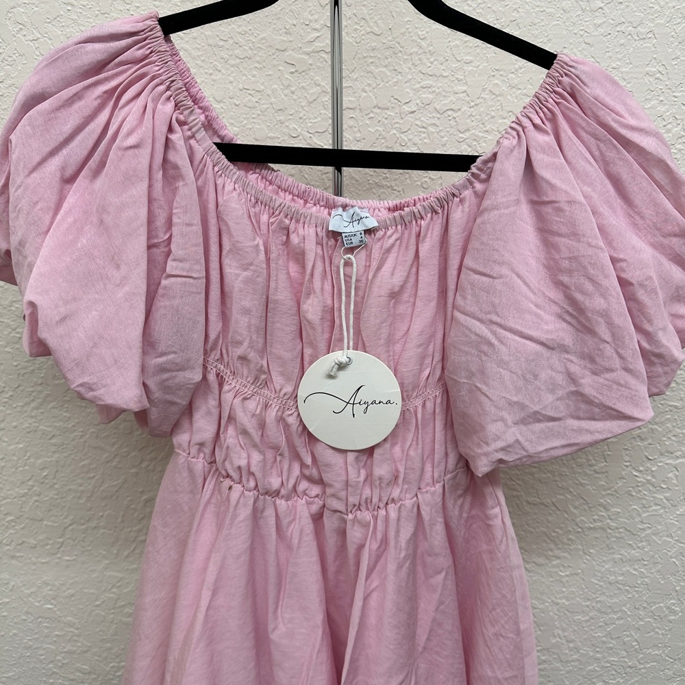 Aiyana Pink Smocked Puff Sleeve Mini Dress Tulle Trim S/8 Size 4 NEW